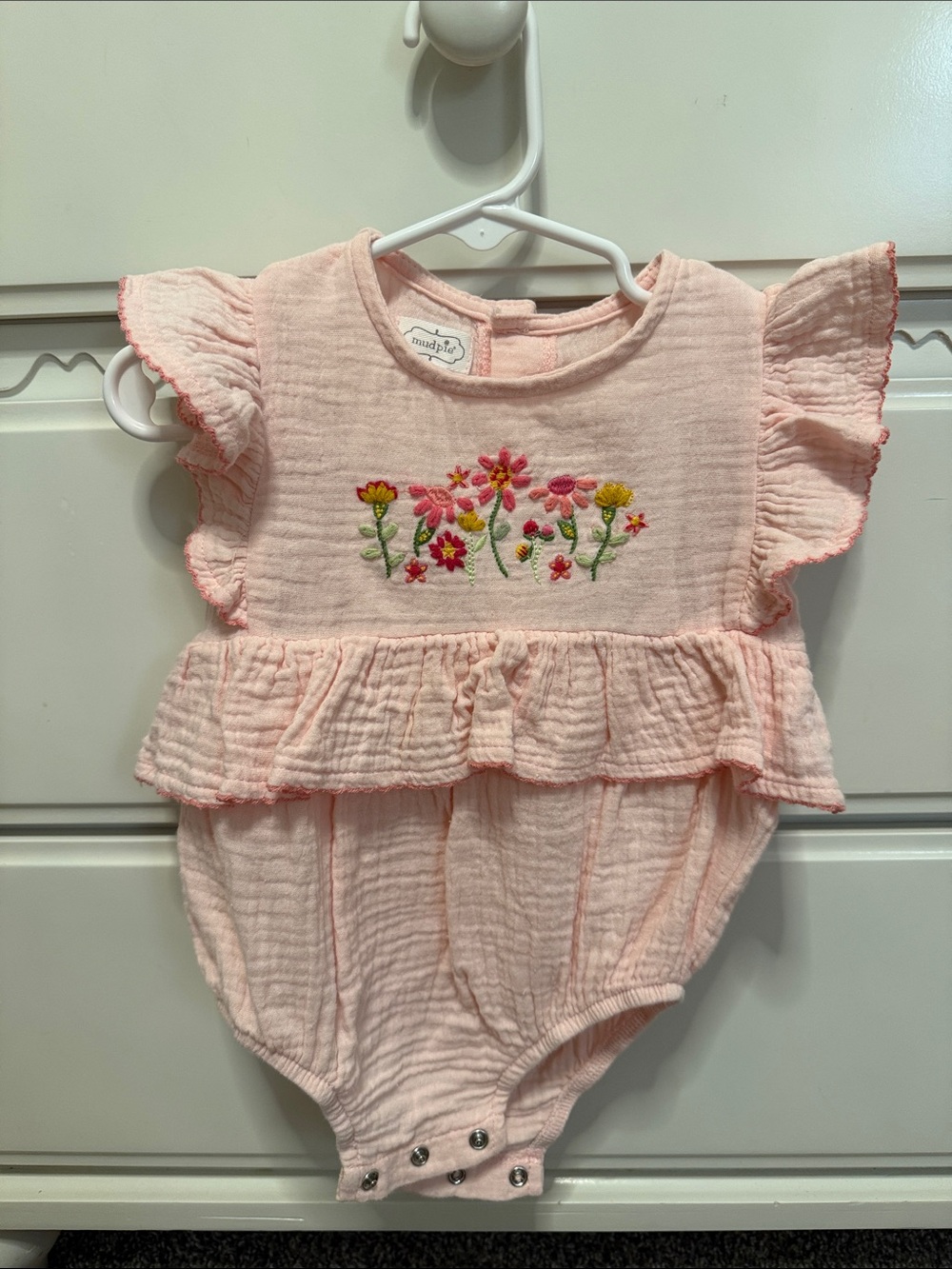 Mud Pie Pink Embroidered Flutter-Sleeve Romper